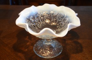 Vintage Fenton Clear Milk Glass Compote Glassware Opalescent Candy Dish Ruffled Top
