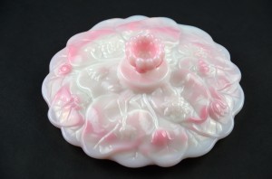 Vintage Fenton Pink and White Milk Glass Compote Candy Dish with Lid Waterlily Floral Pattern Art