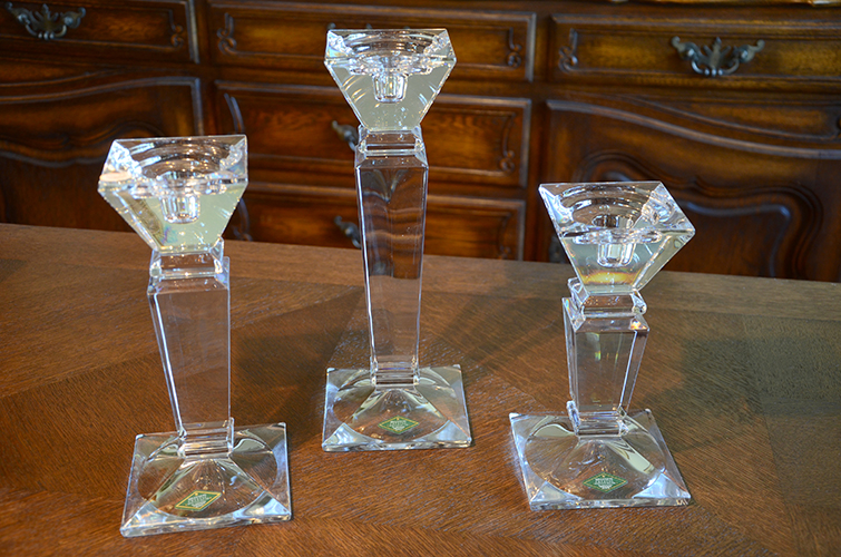 Shannon 24% Lead Crystal Clear Glass Pillar Candle Holders Thick Heavy Set of 3 Three