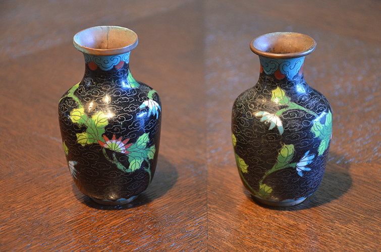Chinese Cloissone Vase Hand-Painted Enamel on Metal Set Pair of Vases Lotus Flower Floral China
