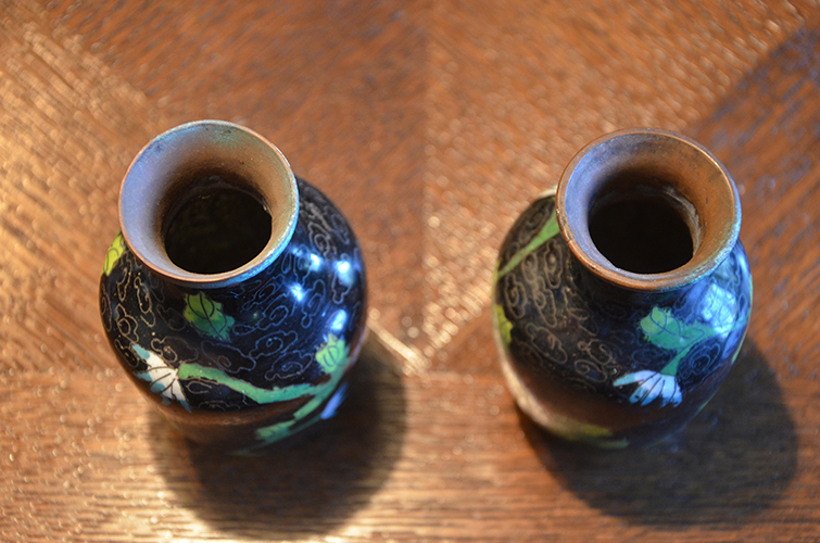 Chinese Cloissone Vase Hand-Painted Enamel on Metal Set Pair of Vases Lotus Flower Floral China