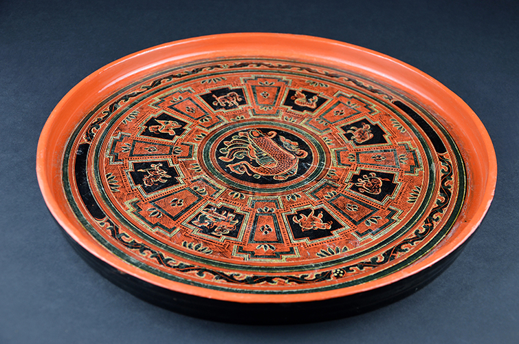 Vintage Japanese Red and Black Laquer Round Serving Platter Tray with Zodiac Design Asian Art